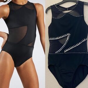 WEISSMAN Dance Costume black mesh leotard Crystal rhinestone semi custom SA